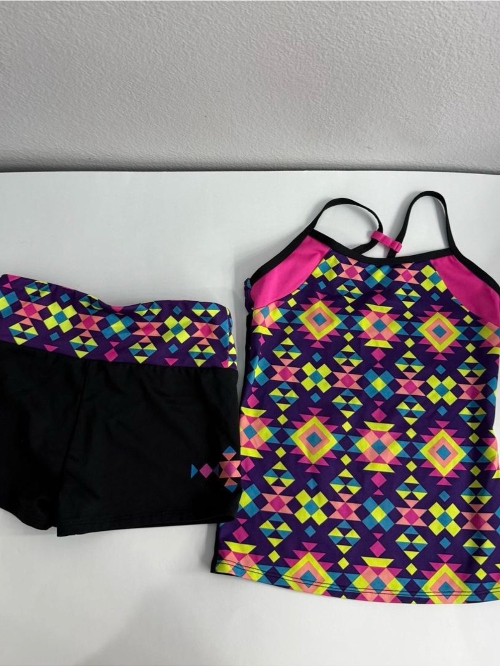 Circo Girls' Geometric Tankini Set - Purple, Pink & Black